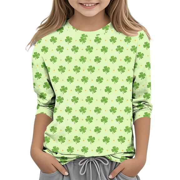 Posijego Kids Toddler St Patricks Day Shirts 3/4 Sleeve Tops Girls Clover Graphic Tees Summer Casual T-Shirts