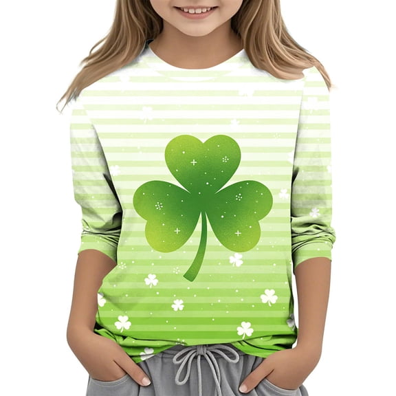 Posijego Kids Toddler St Patricks Day Shirts 3/4 Sleeve Tops Girls Clover Graphic Tees Summer Casual T-Shirts