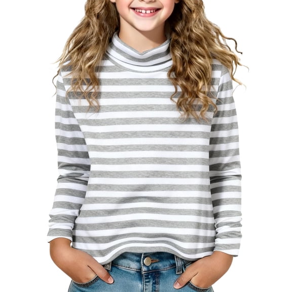 Posijego Kids Turtleneck Long Sleeve Shirts Striped Print Cotton T-Shirts for Girls Boys Basic Tee Tops