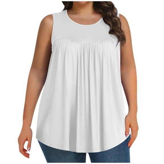 Posijego L-5XL Womens Plus Size Tank Tops Pleated Sleeveless Crew Neck Shirt Casual Loose Tank Shirts