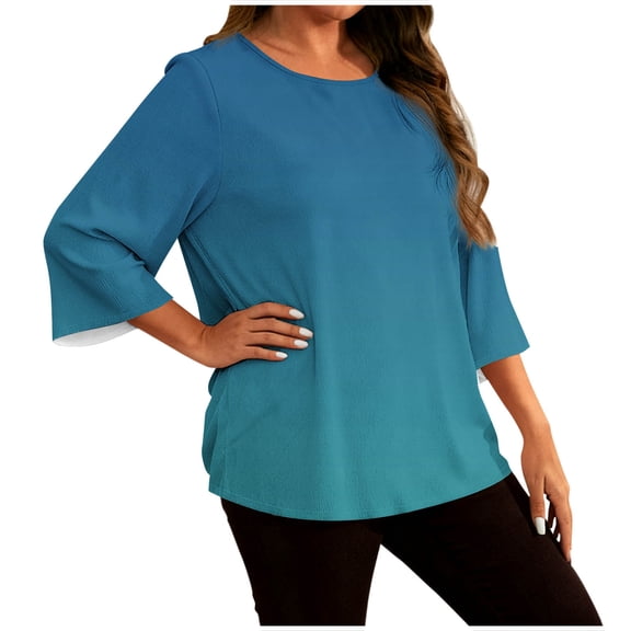 Posijego L-5XL Womens Plus Size Tops 3/4 Length Sleeve Shirt Casual Round Neck Pullover Loose Basic Tees Shirts