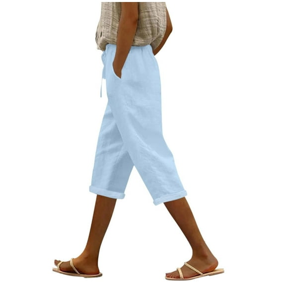 Posijego Linen Capri Pants for Women Rolled Wide Leg Cropped Trousers Summer Loose Lounge Pants with Pockets
