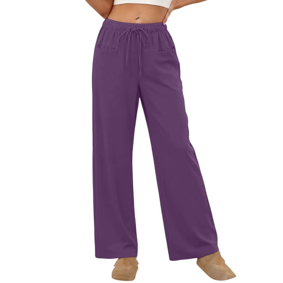 Posijego Linen Pants for Women Casual Summer Wide Leg Pants Elastic Waist Loose Lightweight Pants with Pockets