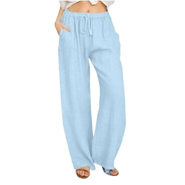 Posijego Linen Pants for Women Loose Straight Leg Lounge Pants Women's High Waist Drawstring Palazzo Pants
