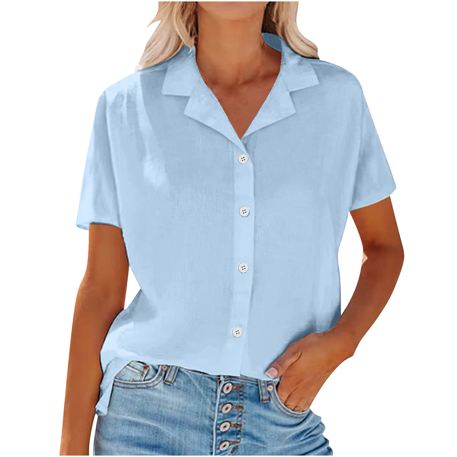 Posijego Linen Shirts for Women Pleated Collared Short Sleeve Button ...