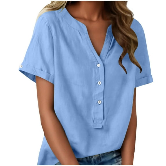Posijego Linen Tops for Women Short Sleeve V Neck Button Front Business Office Work Shirts Lightweight Loose