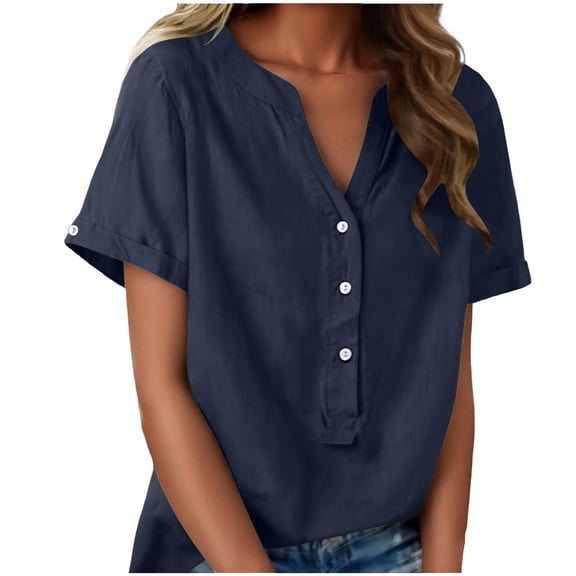 Posijego Linen Tops for Women Short Sleeve V Neck Button Front Business Office Work Shirts Lightweight Loose