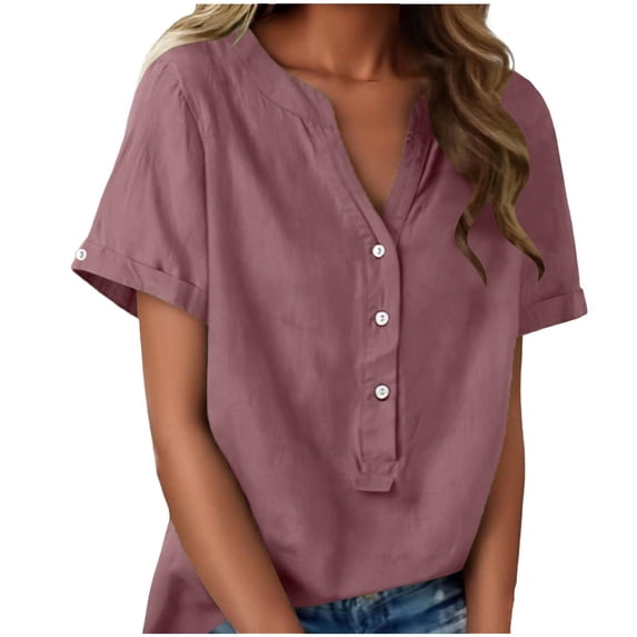Posijego Linen Tops for Women Short Sleeve V Neck Button Front Business Office Work Shirts Lightweight Loose