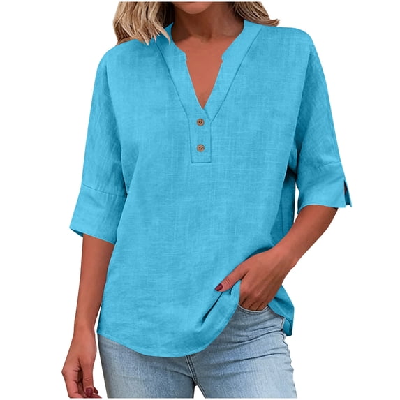 Posijego Linen Tops for Women Split Button V Neck Short Sleeve Tunic Shirts Lightweight Casual Dressy Blouses Solid Color