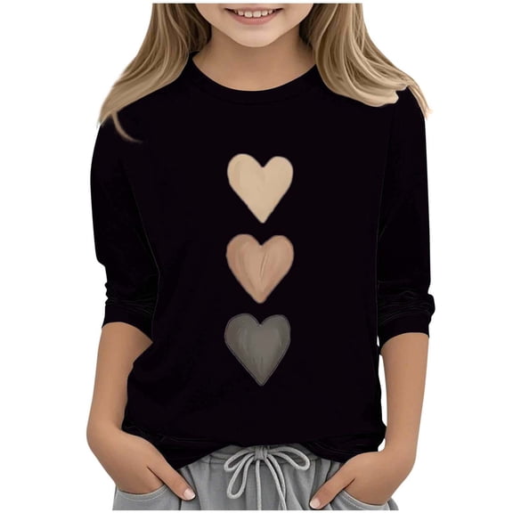Posijego Little & Big Girls Valentine's Day Shirts 3/4 Length Sleeve Tops Heart Printed Casual Shirts Cute Tees