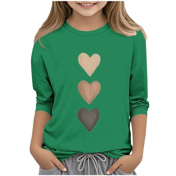 Posijego Little & Big Girls Valentine's Day Shirts 3/4 Length Sleeve Tops Heart Printed Casual Shirts Cute Tees
