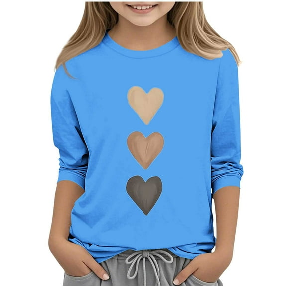 Posijego Little & Big Girls Valentine's Day Shirts 3/4 Length Sleeve Tops Heart Printed Casual Shirts Cute Tees
