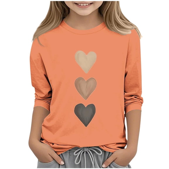 Posijego Little & Big Girls Valentine's Day Shirts 3/4 Length Sleeve Tops Heart Printed Casual Shirts Cute Tees