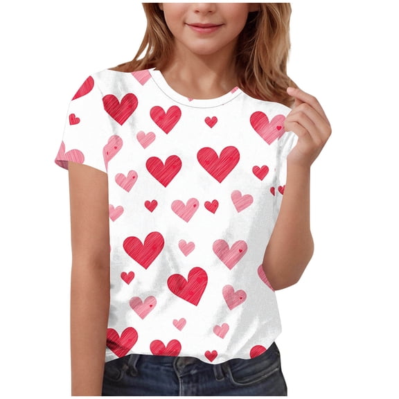 Posijego Little & Big Girls Valentine's Day Tee Shirts Kids Short Sleeve Graphic T-Shirts Summer Casual Loose Shirt Soft Tops