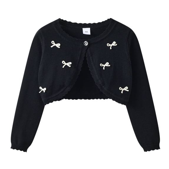 Posijego Little Girls Knit Bolero Cardigans Long Sleeve Open Front Cardigan with Bow Toddler Girls Button Closure Cover ups