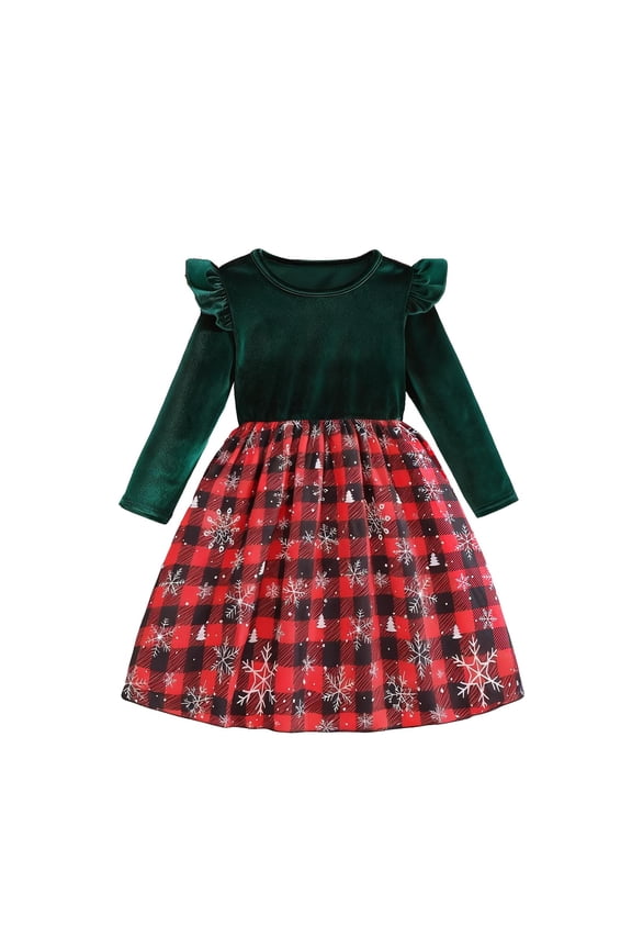 Little Girls Mesh Dress Christmas Ruffle Long Sleeve Velvet Velour Party Birthday Dress for Girls