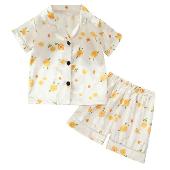 Posijego Little Girls Silk Satin Pajama Set Short Sleeve 2 Piece Button down Shirt and Shorts Sleepwear Sets