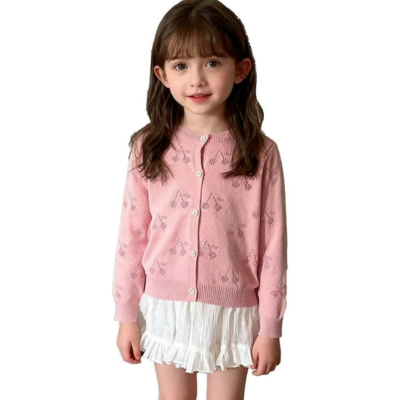 Posijego Little Girls Sweater Cardigans Hollow Knit Open Front Sweater Crew Neck Button Closure Cardigan Jackets