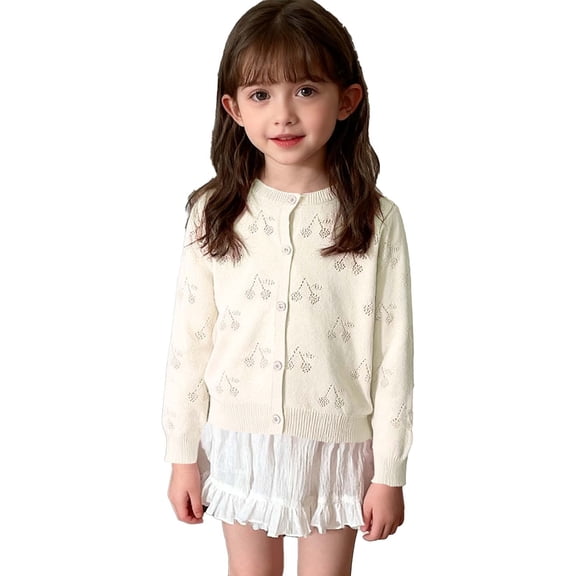 Posijego Little Girls Sweater Cardigans Hollow Knit Open Front Sweater Crew Neck Button Closure Cardigan Jackets