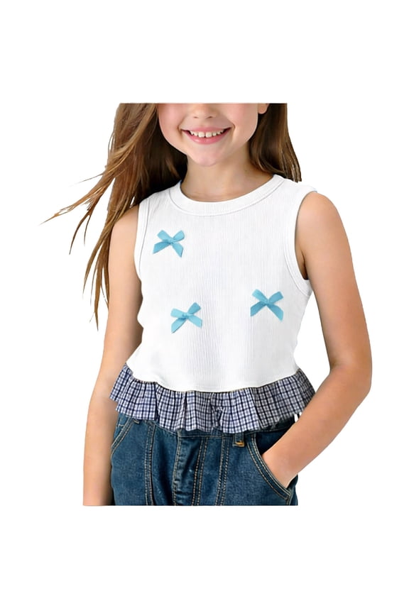 Little Girls Tank Tops Bow Front Sleeveless Shirts Ruffle Hem Casual Summer Tank Tees Toddler Girls 0-10 Years