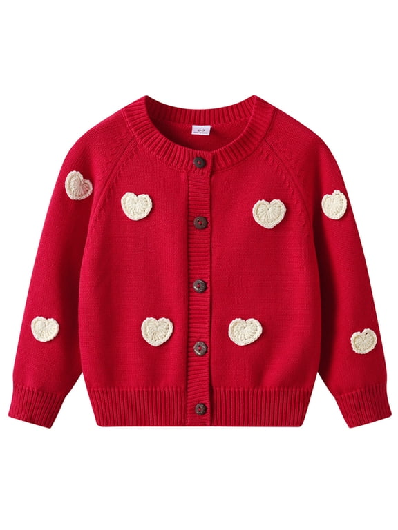 Little Girls Valentine's Day Sweater Cardigan Cute Heart Knit Open Front Button Cardigans Spring Outerwear