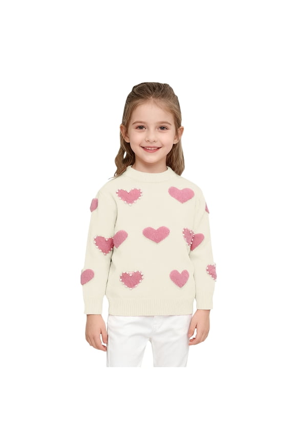 Little Girls Valentine's Day Sweater Heart Long Sleeve Cute Spring Pullover Sweater Tops Girls Size 1-8 Years