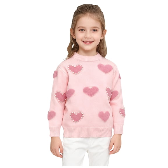 Posijego Little Girls Valentine's Day Sweater Heart Long Sleeve Cute Spring Pullover Sweater Tops Girls Size 1-8 Years