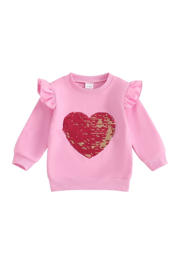 Little Girls Valentine's Day Sweatshirts Ruffle Long Sleeve Heart Graphic Pullover Sweatshirt Cute Tops for Kids