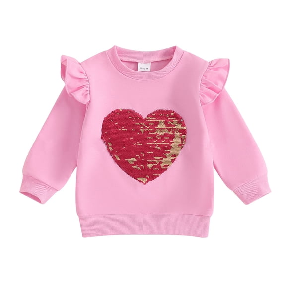 Posijego Little Girls Valentine's Day Sweatshirts Ruffle Long Sleeve Heart Graphic Pullover Sweatshirt Cute Tops for Kids