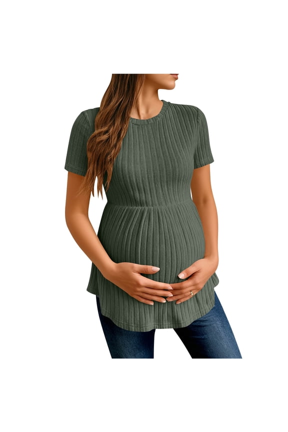 Maternity Short Sleeve Tops for Women Crewneck Ruffled Knit Pullover Sweater Cozy Soft Shirts