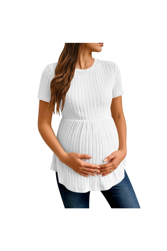 Maternity Short Sleeve Tops for Women Crewneck Ruffled Knit Pullover Sweater Cozy Soft Shirts