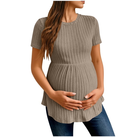Posijego Maternity Short Sleeve Tops for Women Crewneck Ruffled Knit Pullover Sweater Cozy Soft Shirts