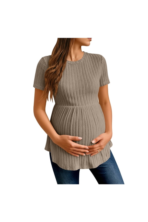 Maternity Short Sleeve Tops for Women Crewneck Ruffled Knit Pullover Sweater Cozy Soft Shirts
