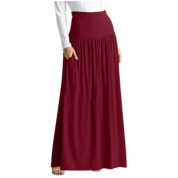 Posijego Maxi Skirts for Women Plus Size Long Skirts Smocked Waist Casual Skirt Ankle Length Solid Color Skirt