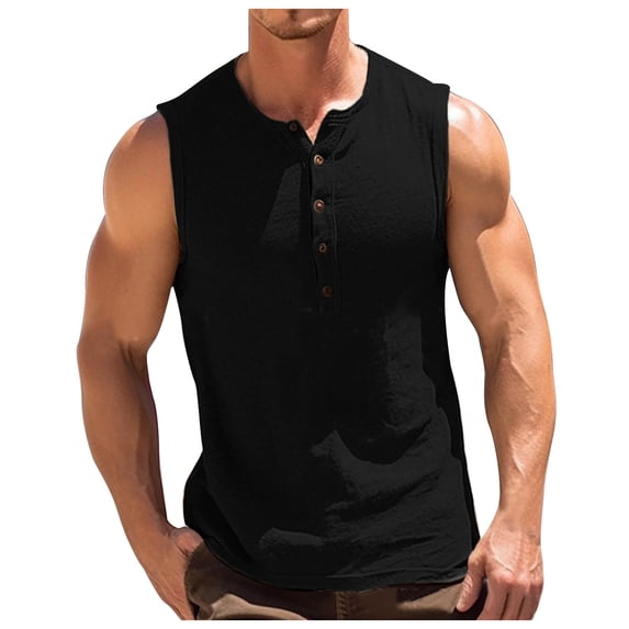 Posijego Men's Button Tank Tops Casual Crew Neck Sleeveless Lightweight Soft Stretch Summer Beach Tank Shirts