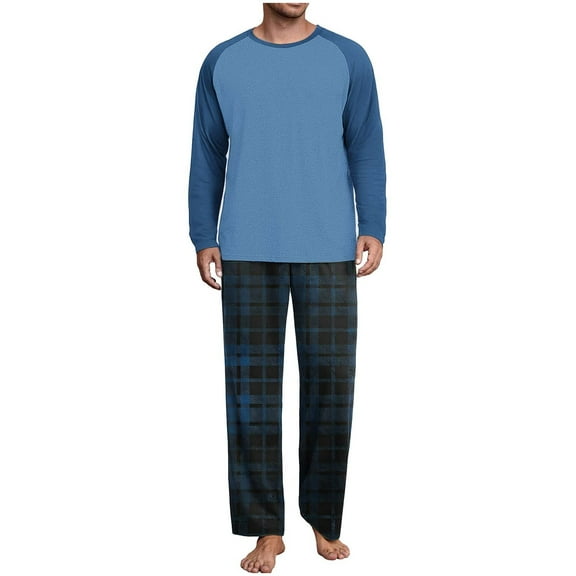 Posijego Men's Pajama Sets Two Piece Outfits Long Sleeve Shirts and Plaid Sleep Pants Matching Loungewear