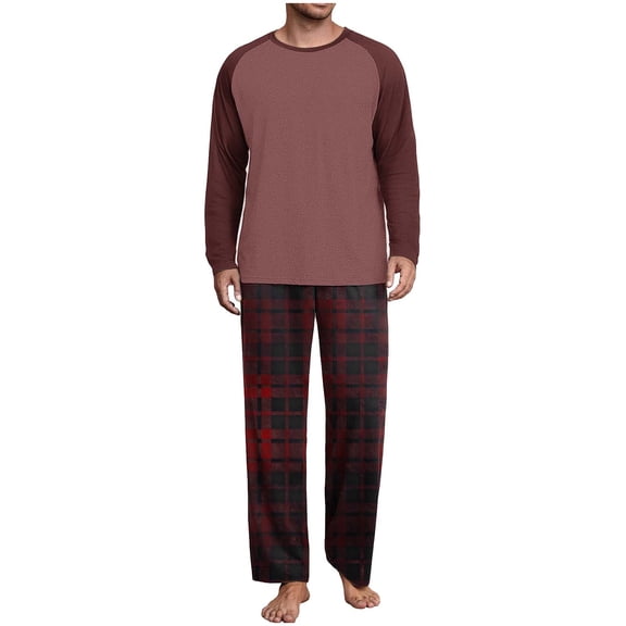 Posijego Men's Pajama Sets Two Piece Outfits Long Sleeve Shirts and Plaid Sleep Pants Matching Loungewear