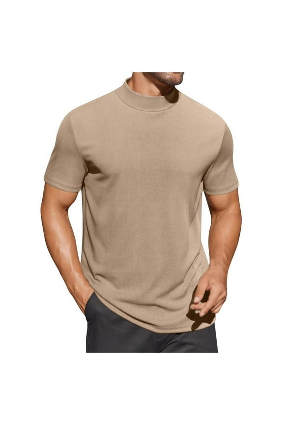 Men's Ribbed Short Sleeve Shirts Mock Neck Casual Tops Solid Color Pullover Basic Tee Mens Clothes