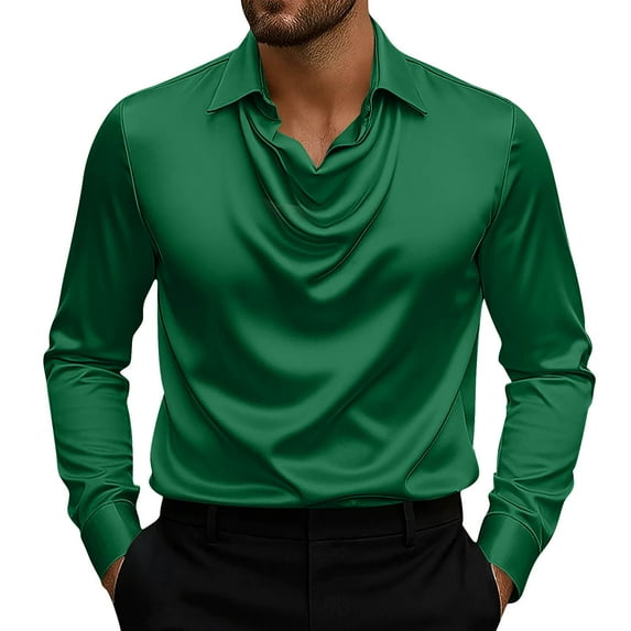 Posijego Men's Satin Shirts Cowl Neck Collared Long Sleeve T Shirts Evening Club Party Silk Vintage Tops