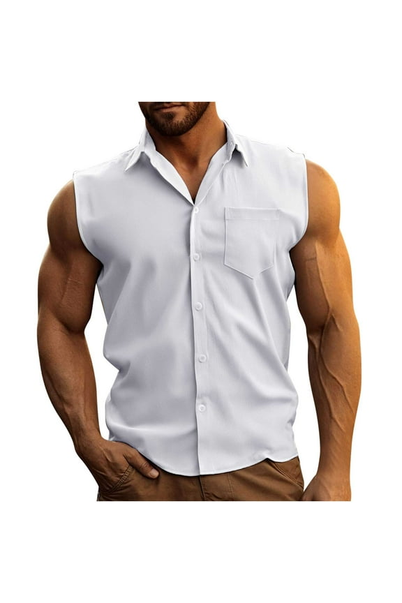 Men's Sleeveless Shirts Summer Button down Shirt Business Casual Work Collared Tank Tops for Men