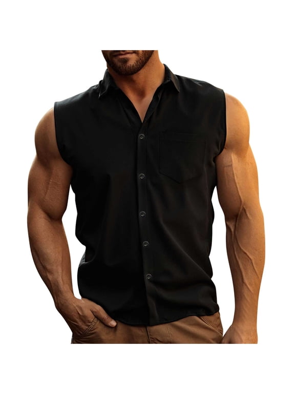Men's Sleeveless Shirts Summer Button down Shirt Business Casual Work Collared Tank Tops for Men