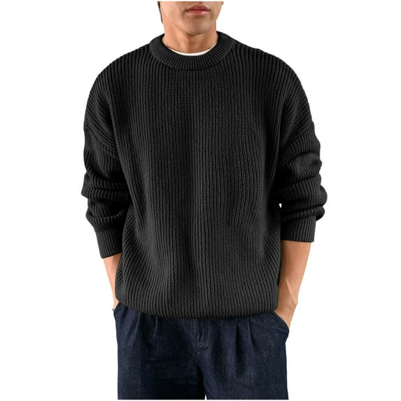 Posijego Mens Big and Tall Sweaters Solid Color Long Sleeve Loose Pullover Knit Sweater Tops for Men