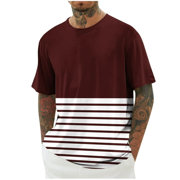 Posijego Mens Big and Tall T-Shirts Striped Color Block Printed Short Sleeve Shirts Summer Loose Graphic Tees