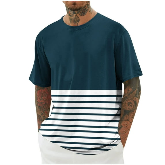 Posijego Mens Big and Tall T-Shirts Striped Color Block Printed Short Sleeve Shirts Summer Loose Graphic Tees