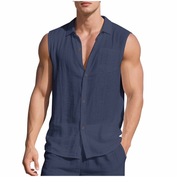 Posijego Mens Cotton Linen Tank Tops Collared Sleeveless Button down Shirts Lightweight Casual Beach Tank Shirt for Men