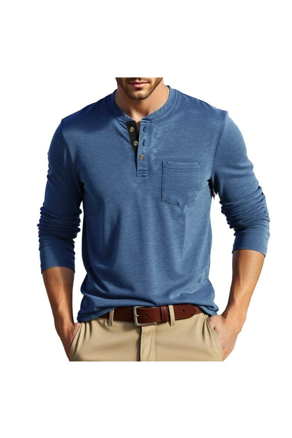 Mens Pocket T-Shirts Crew Neck Long Sleeve Button Shirts Loose Lightweight Fall Basic Tee Shirts