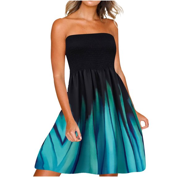 Posijego Mini Dresses for Women Strapless Short Dress Elastic Smocked A-Line Flowy Dresses Elegant Party Dress