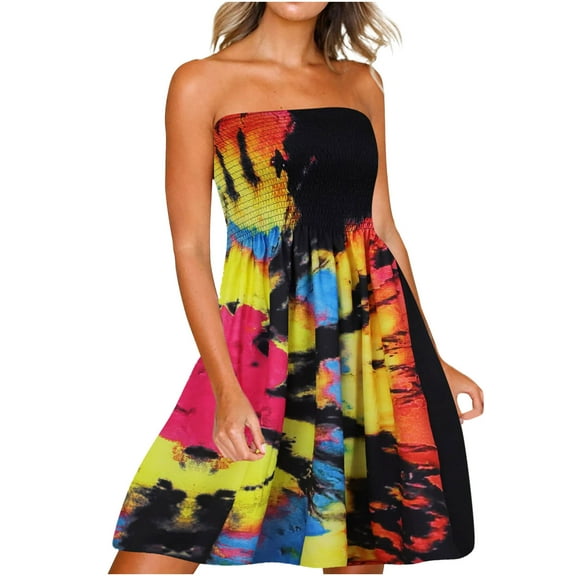 Posijego Mini Dresses for Women Strapless Short Dress Elastic Smocked A-Line Flowy Dresses Elegant Party Dress