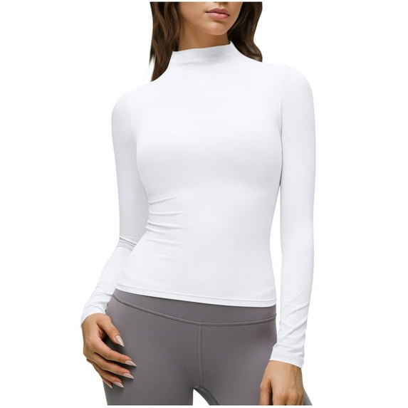 Posijego Mock Neck Long Sleeve Shirts for Women Plain Basic T-Shirts Slim Spring Trendy Going out Crop Tops Solid Color