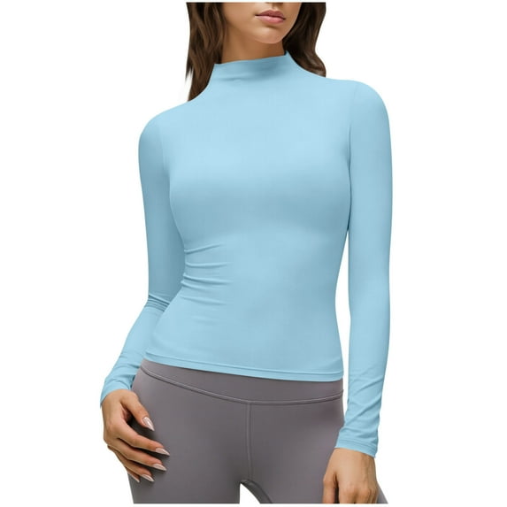 Posijego Mock Neck Long Sleeve Shirts for Women Plain Basic T-Shirts Slim Spring Trendy Going out Crop Tops Solid Color
